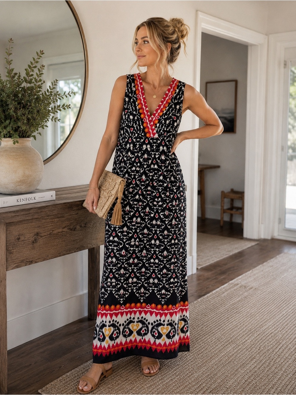 Chico’s Maxi Dress Size 8 | Boho Sleeveless V-Neck Border Print Fall Wedding